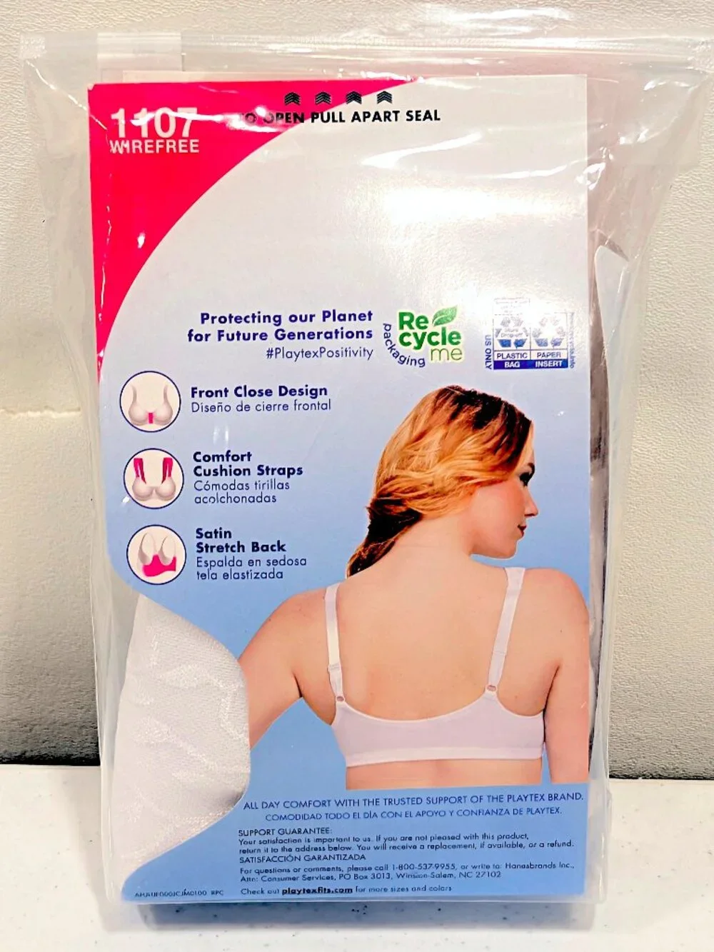 Playtex 18 Hour 44D White Wirefree Front Close No Padding Bra 1107